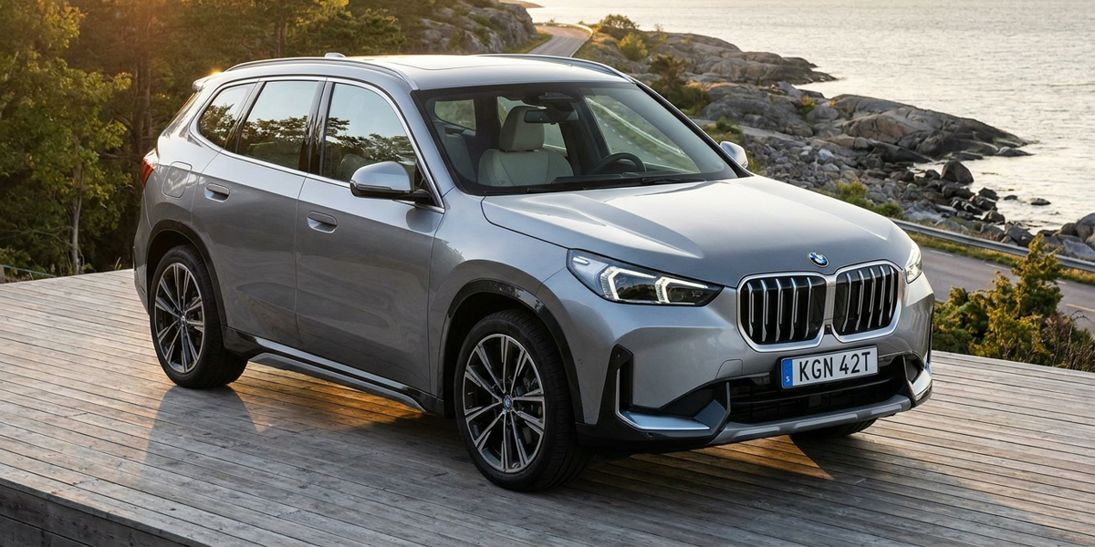 Grå BMW iX1 parkerad på ett trädäck vid havet i kvällssol