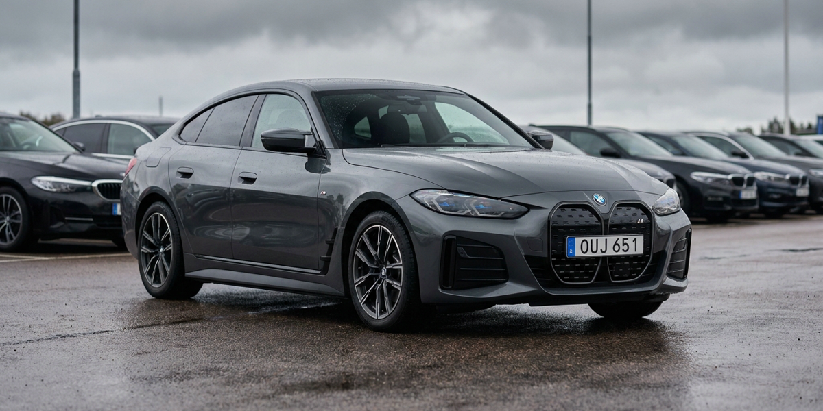 Grå BMW i4 Gran Coupé på våt asfalt bland andra bilar en mulen dag