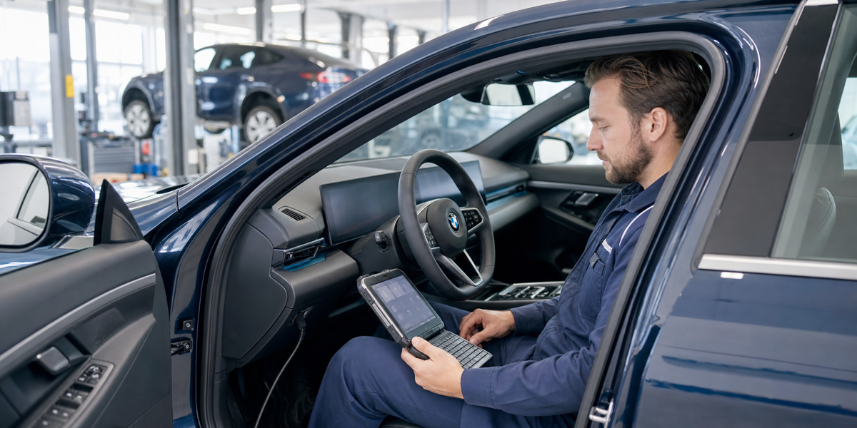 BMW-tekniker kontrollerar en BMW i5 med diagnosdator vid förarplatsen