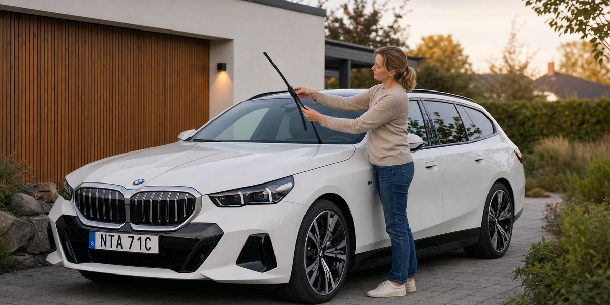 Ägare byter torkarblad på en vit BMW i5 Touring