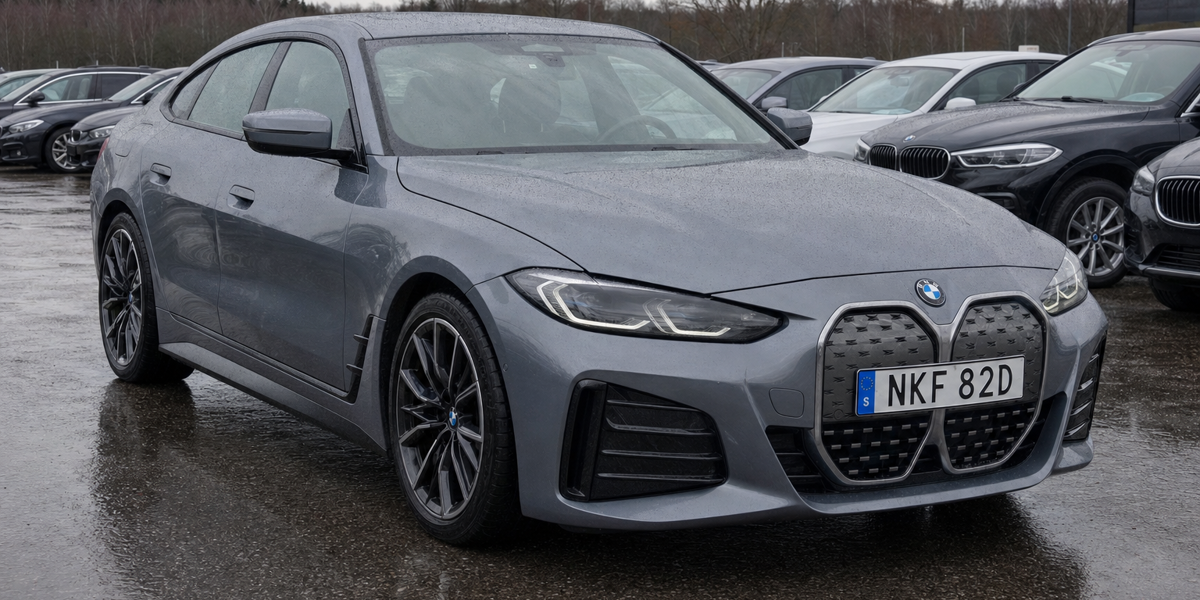 Grå BMW i4 Gran Coupé på en regnvåt handlargård med rader av begagnade BMW-bilar i bakgrunden