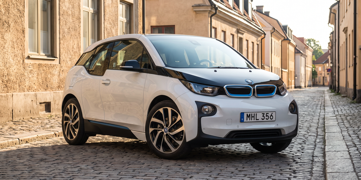 Vit BMW i3 (I01) parkerad på en kullerstensgata i tidigt morgonljus