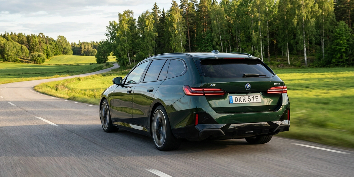 Mörkgrön BMW i5 Touring i fart på en svensk sommarlandsväg, sedd bakifrån