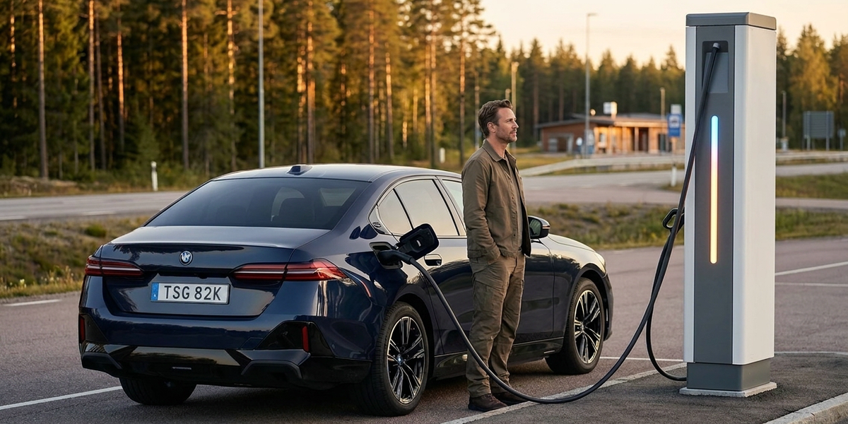 BMW i5 G60 snabbladdas vid en modern HPC-station i skymningsljus