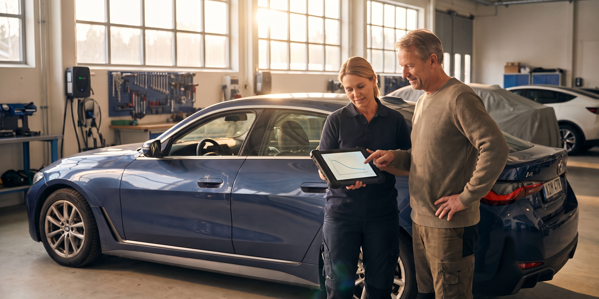Batteriets kapacitetskurva visas på en surfplatta vid en BMW