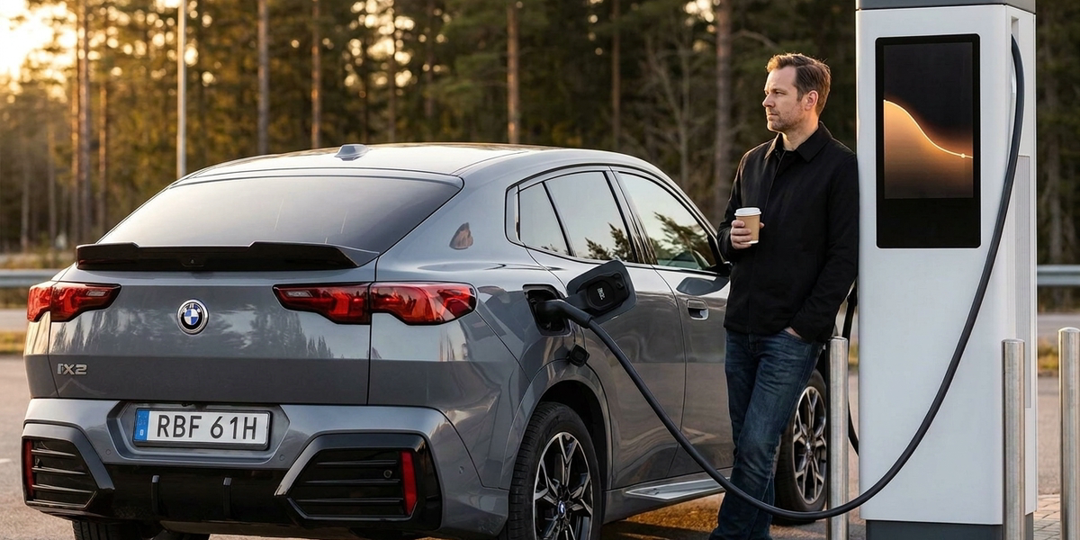 Förare granskar en abstrakt laddkurva vid sin BMW iX2 U10 under ett laddstopp
