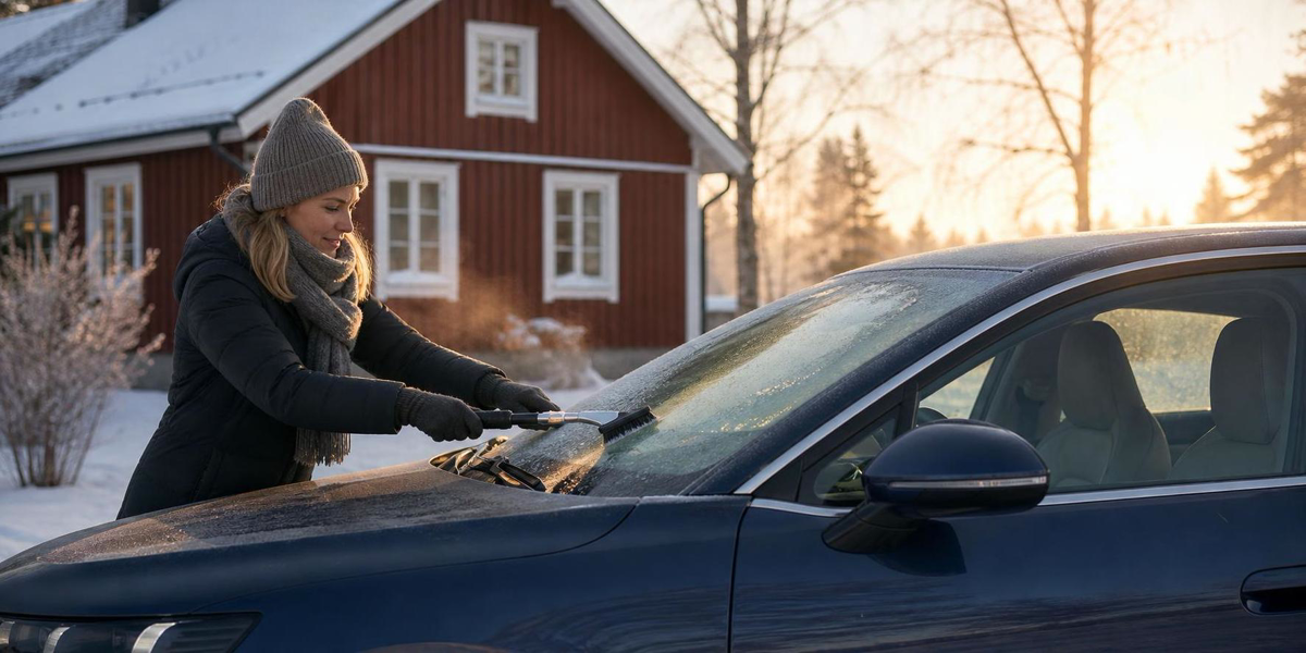 Förare skrapar frost från en elbil en kall nordisk vintermorgon