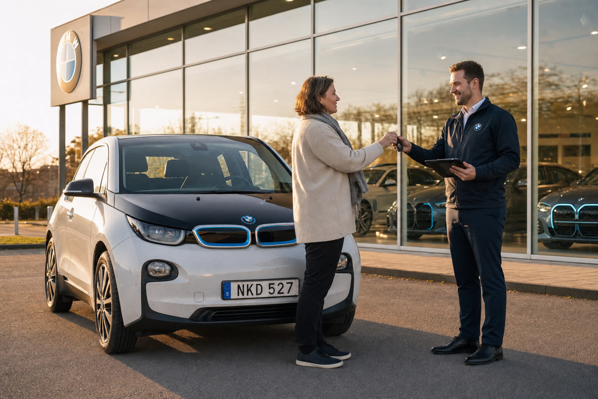 Ägaren lämnar över nyckeln till sin begagnade BMW i3 till en handlare utanför BMW-anläggningen