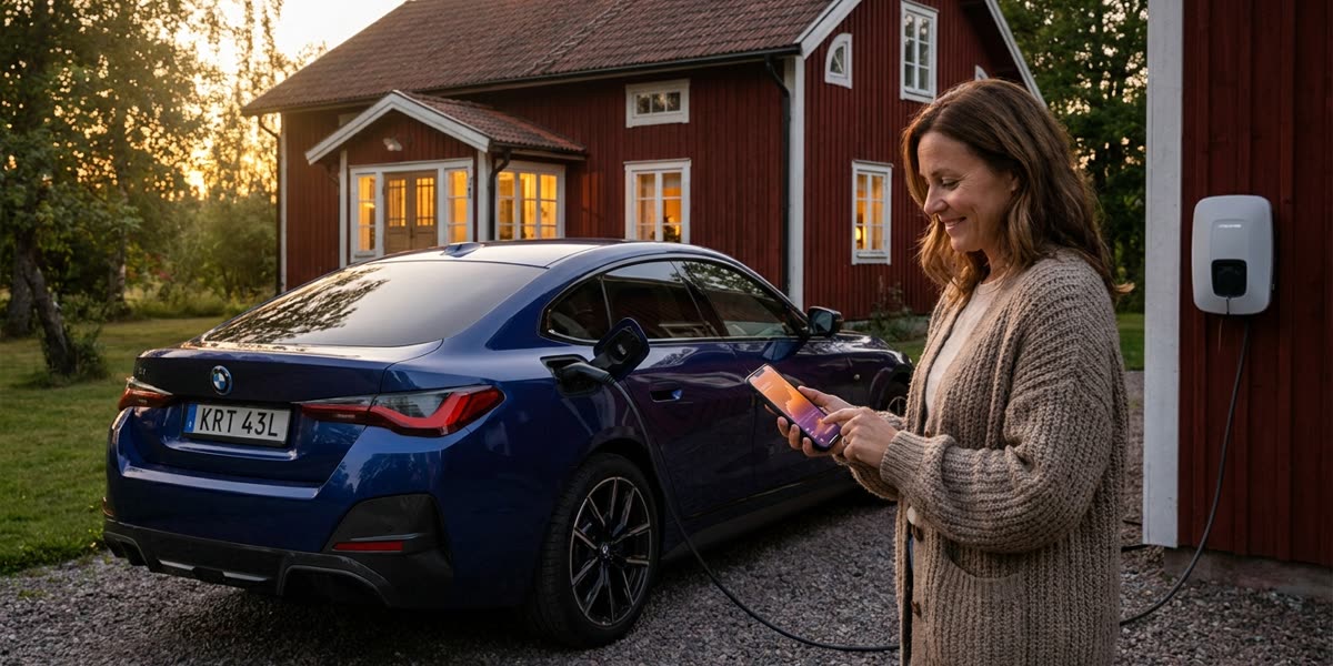 Blå BMW i4 laddas vid villan i kvällssol medan ägaren styr laddningen i mobilappen