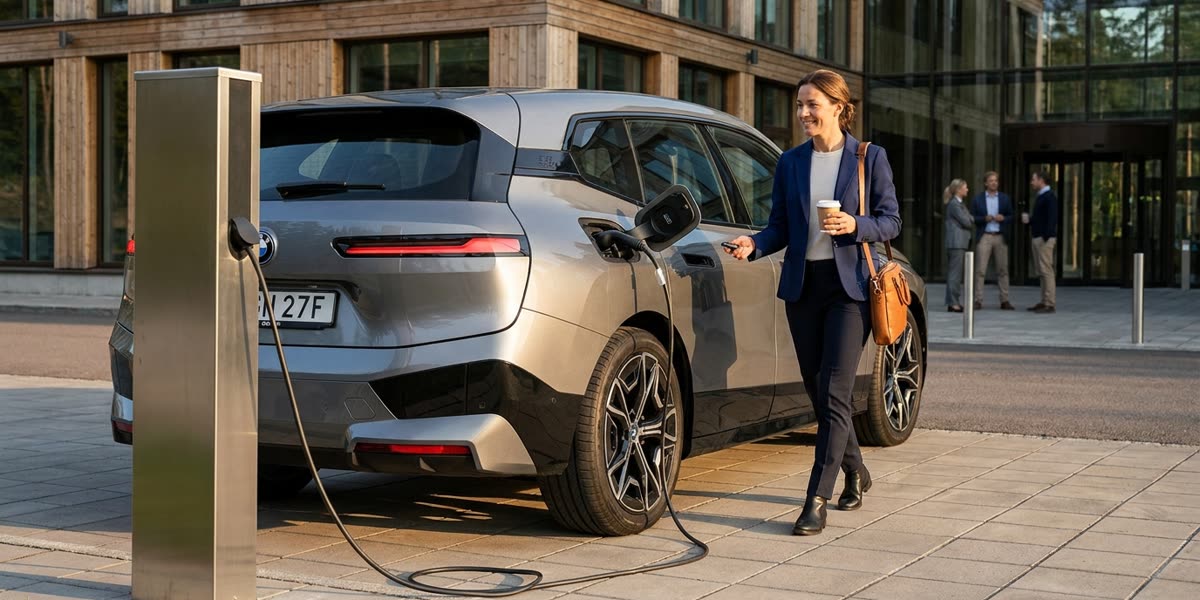 Grå BMW iX laddar utanför kontoret medan förmånsbilsföraren går mot entrén