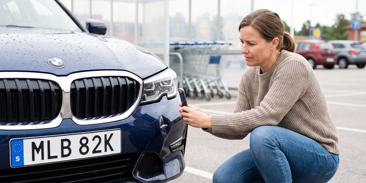 Kvinna fotograferar en mindre skada på sin BMW med mobilen för försäkringsanmälan