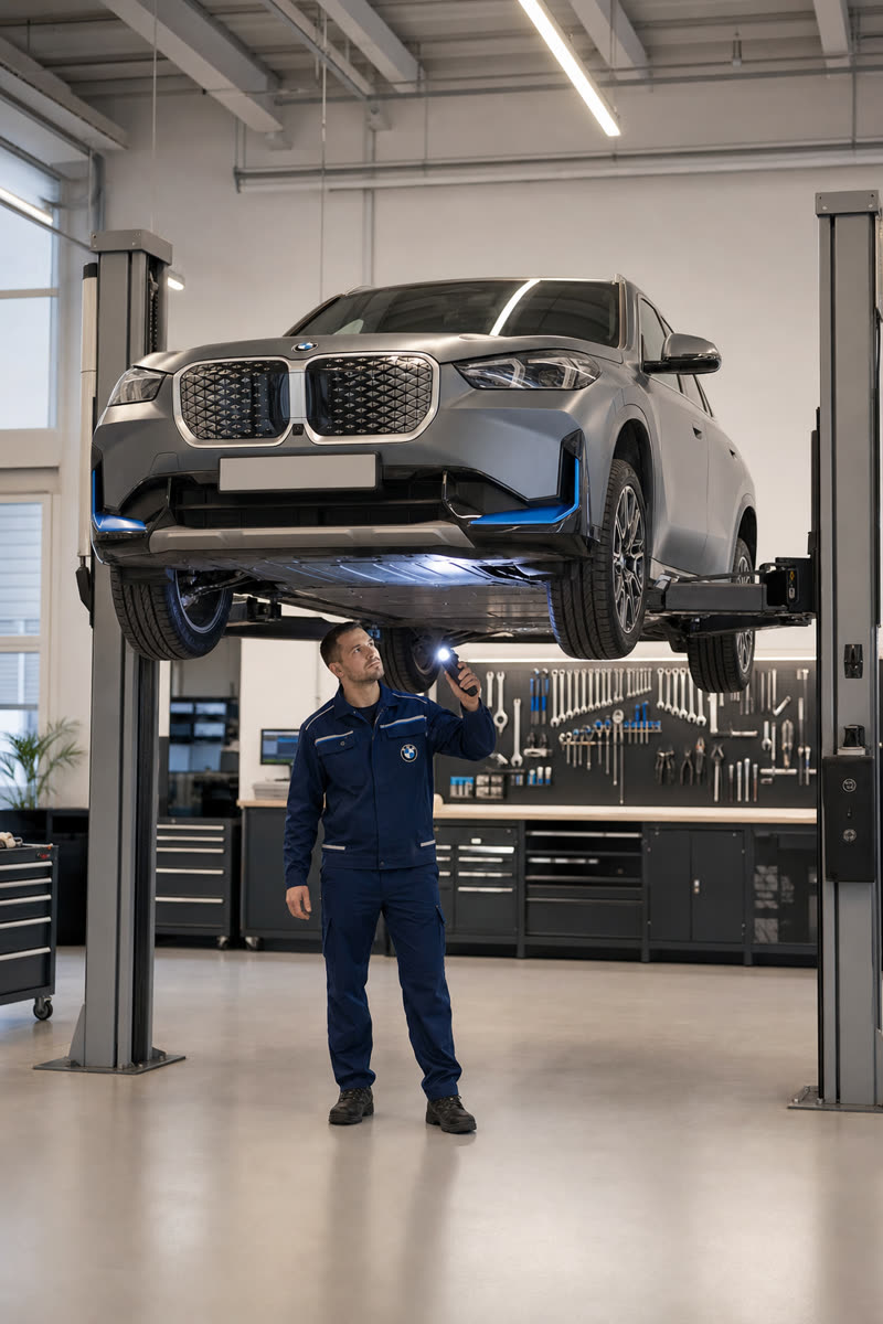 BMW-tekniker inspekterar underredesbatteriet på en BMW iX1 på tvåpelarlyft i ren verkstad