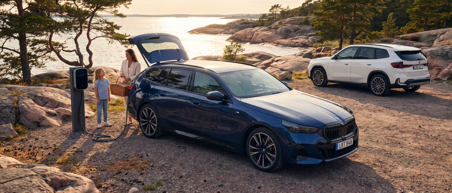 BMW i5 Touring laddar vid en svensk skärgårdsrastplats i kvällssol medan en familj packar ur bagageluckan, med en parkerad BMW iX1 i bakgrunden