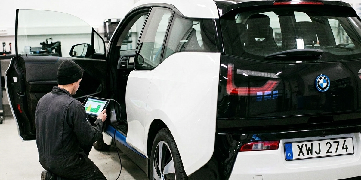 Tekniker läser ut batterihälsan via OBD-porten i förarens fotbrunn på en BMW i3 i verkstad