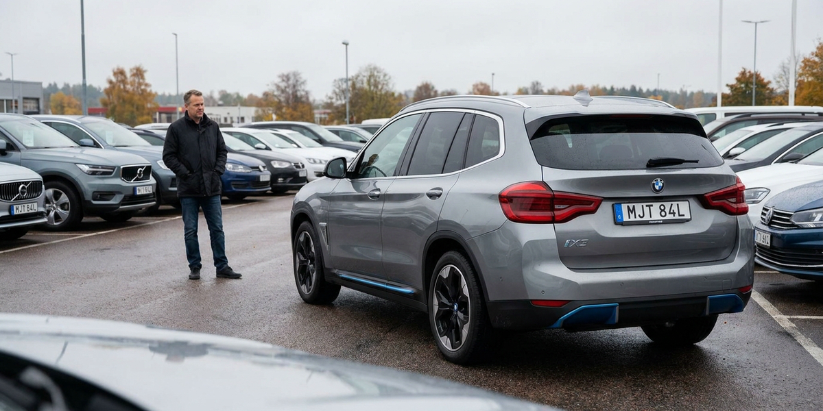 Spekulant betraktar en begagnad BMW iX3 G08 på en bilhandlares utomhusrad