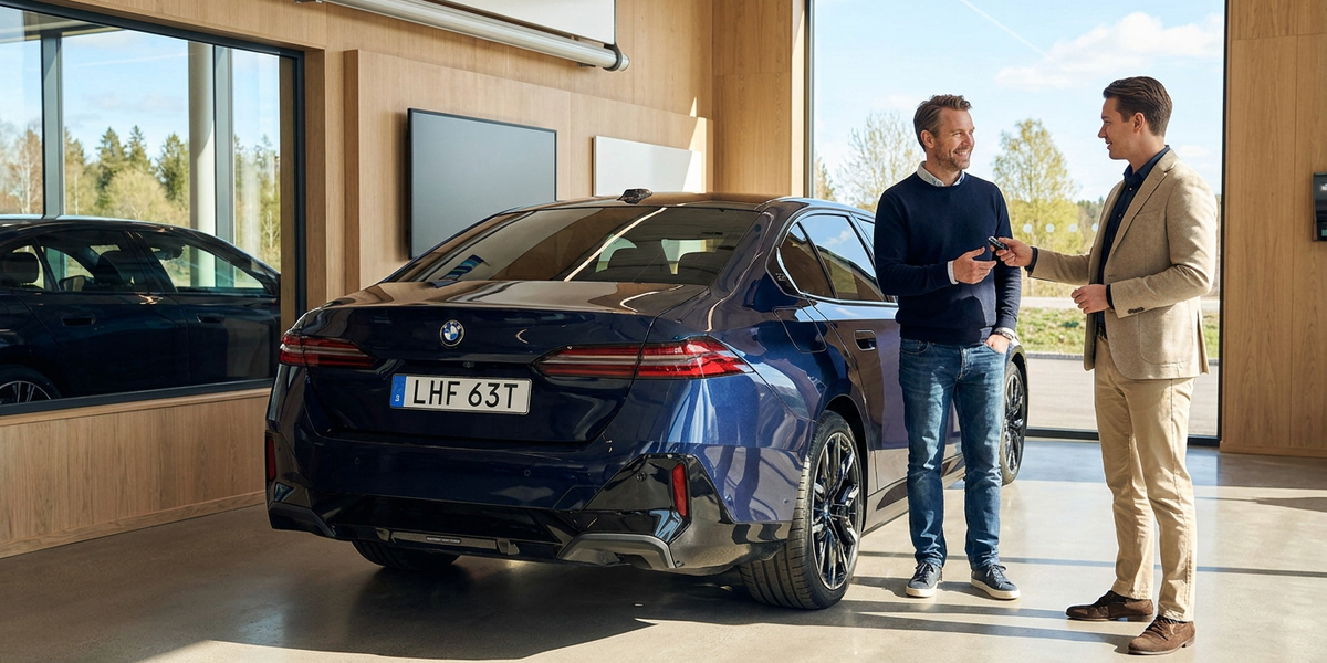 Nyckelöverlämning vid en BMW i5 i en ljus leveranshall