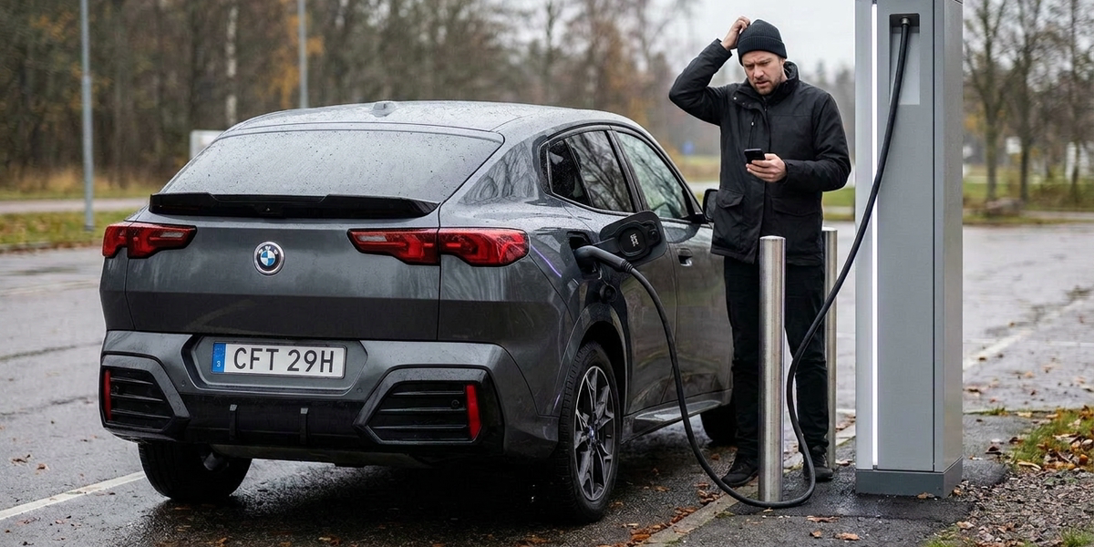 Nybliven elbilsägare grubblar över laddappen medan hans BMW iX2 laddar