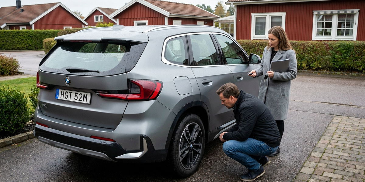 Spekulant synar en begagnad BMW iX1 på en villauppfart medan säljaren står bredvid