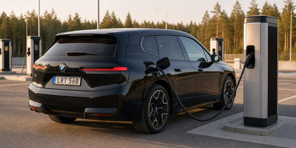 Svart BMW iX laddar vid en snabbladdare i kvällsljus