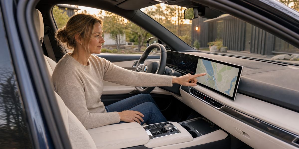 Förare planerar en resa i navigationssystemet i en BMW iX