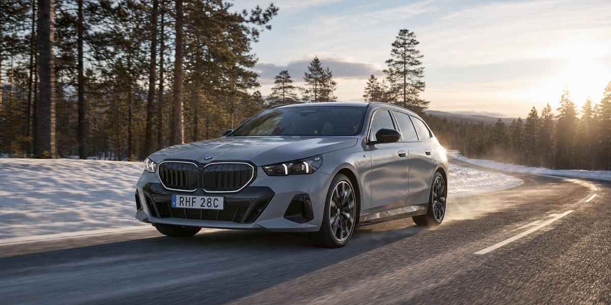 Silvergrå BMW i5 Touring på vinterväg i kvällsljus