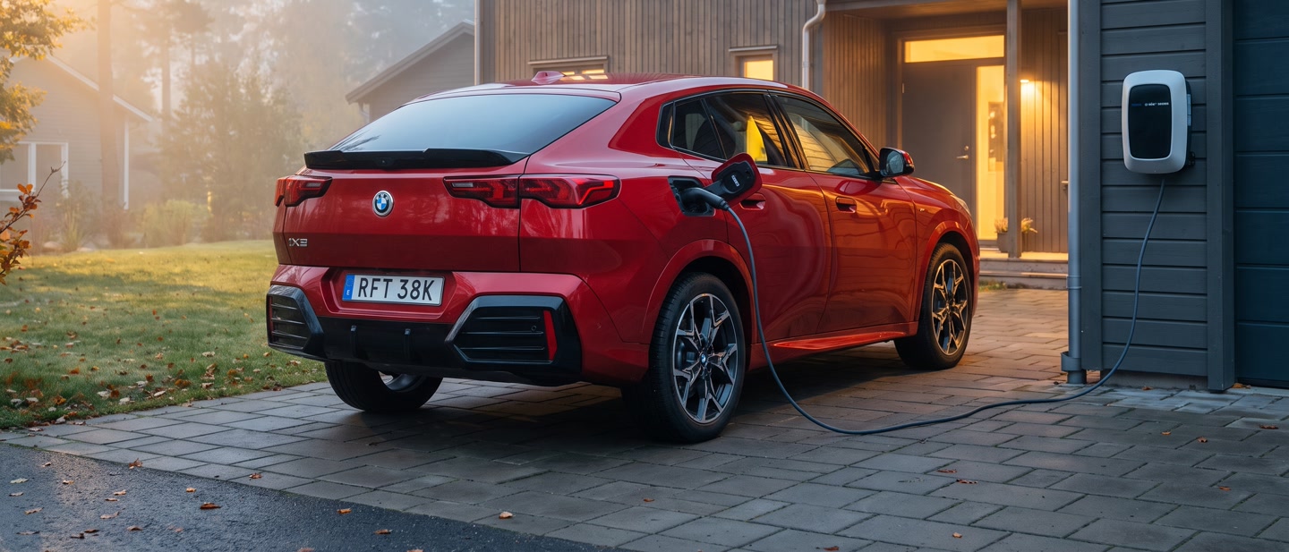 Klarröd BMW iX2 laddar vid väggmonterad laddbox på en villauppfart en dimmig morgon