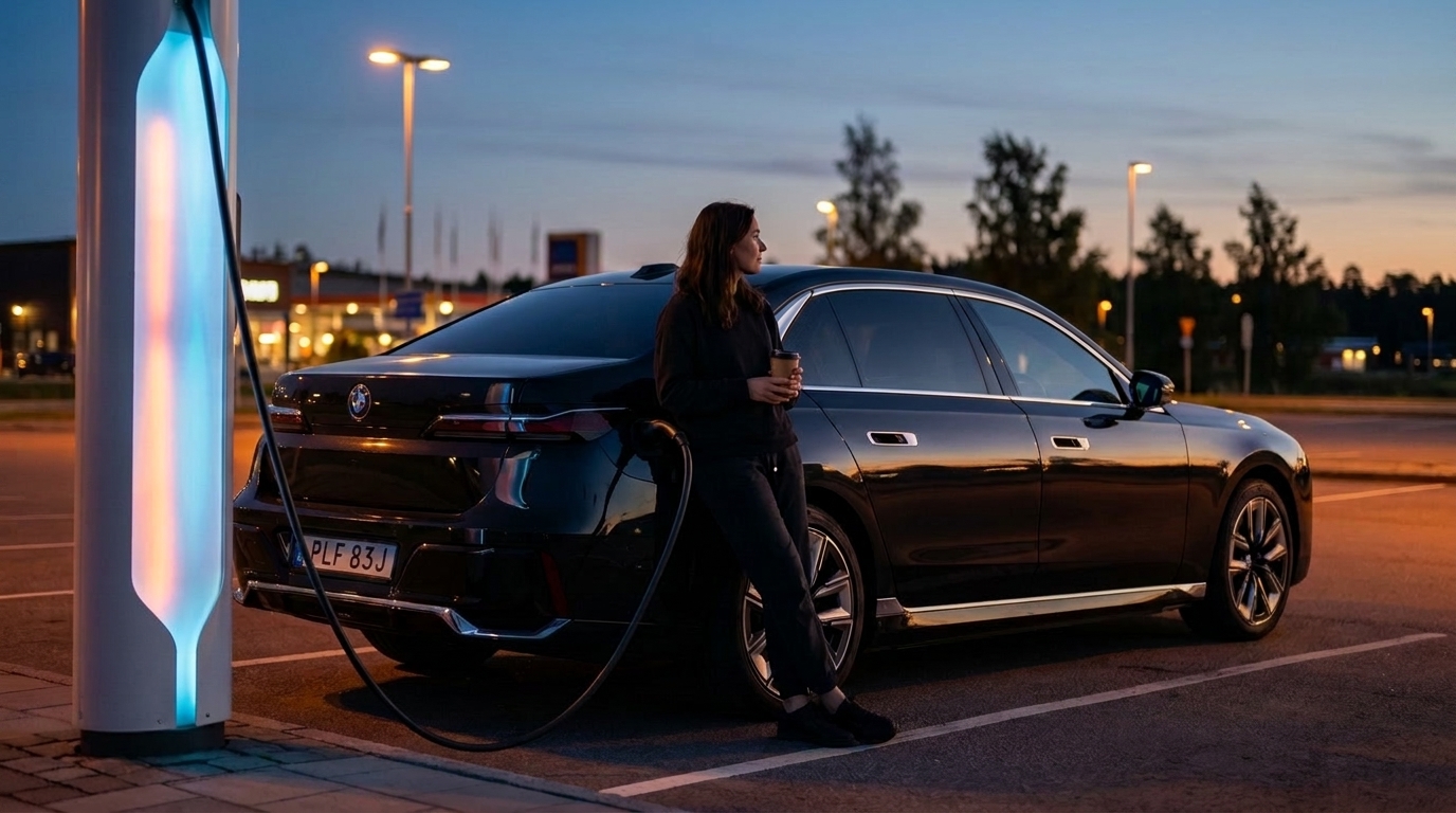 Förare med kaffe lutar sig mot en svart BMW i7 som snabbladdas i skymningen