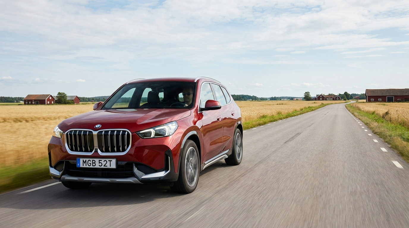 Klarröd BMW iX1 på en öppen svensk sommarlandsväg mellan sädesfält