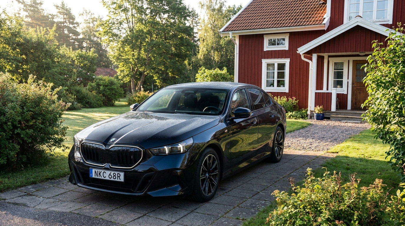 Svart BMW i5 parkerad på uppfarten framför ett rött trähus i morgonljus