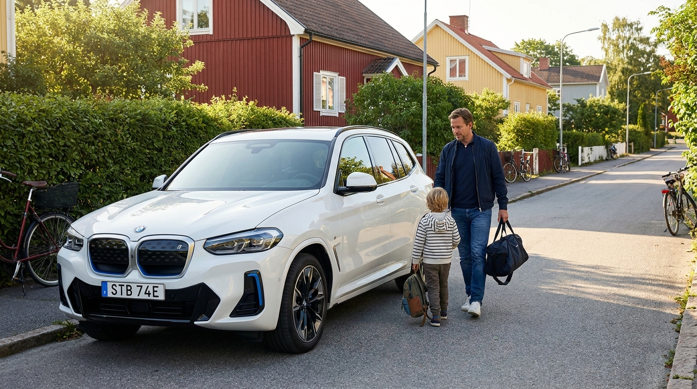 Vit BMW iX3 G08 i ett villakvarter medan far och son lastar väskor