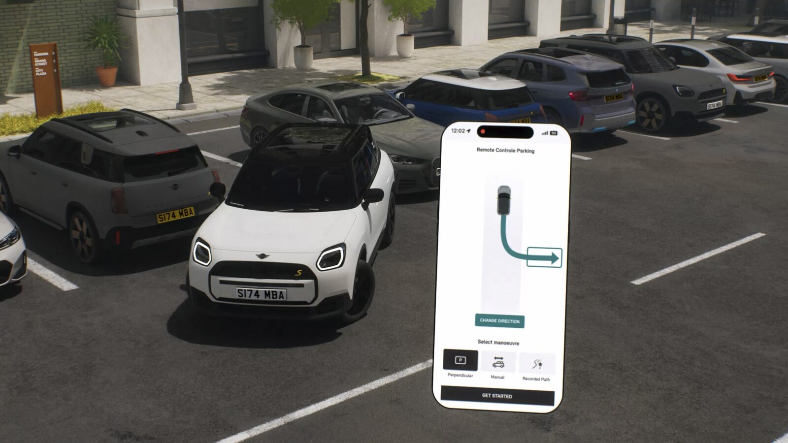 Remote Controlled Parking — föraren styr en MINI Aceman in i en parkeringsruta via smartphone-app