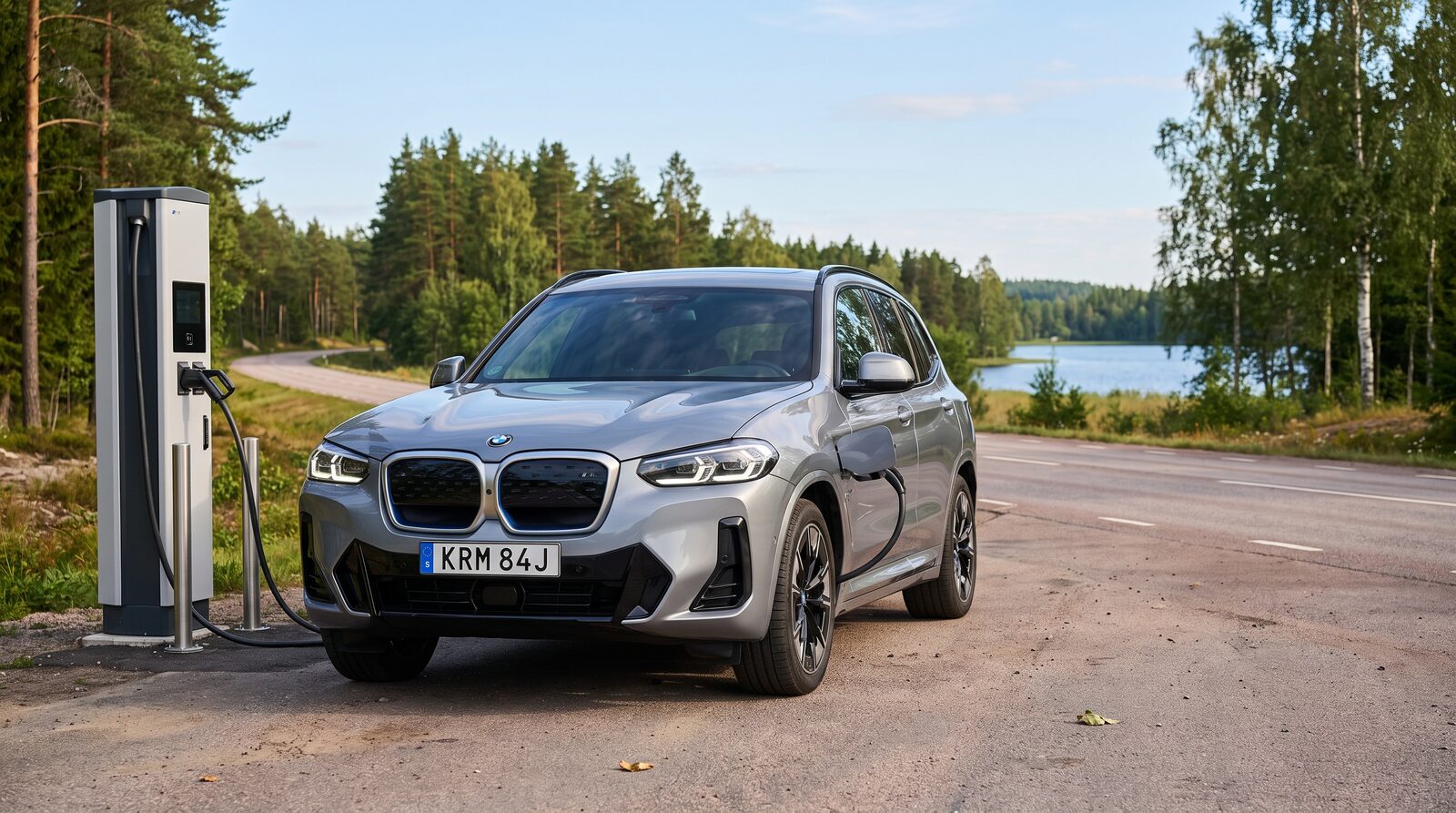 Elektrisk BMW iX3 laddar vid en snabbladdare längs en svensk landsväg en sommardag