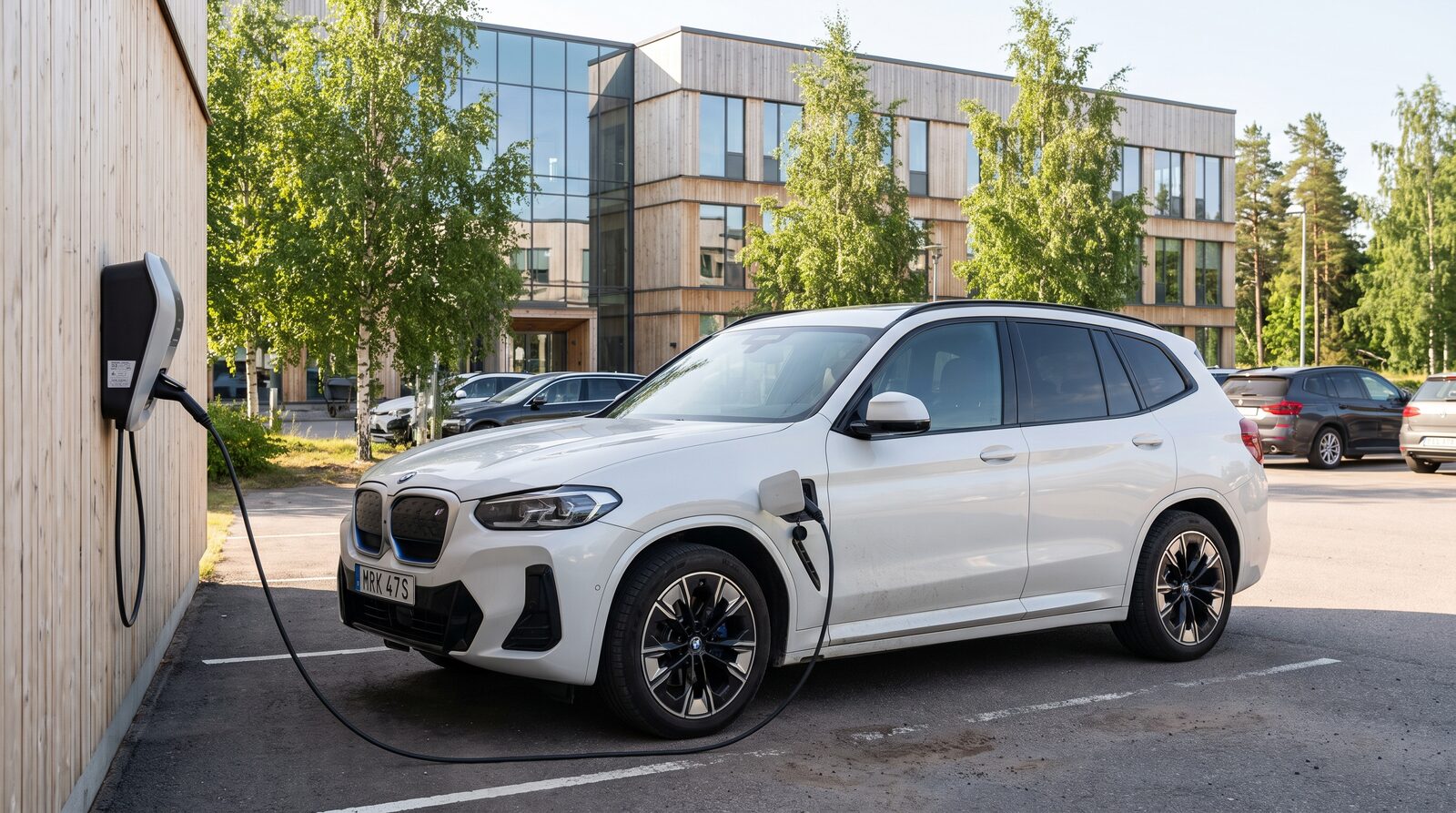 Vit BMW iX3 laddar vid en väggladdare på en svensk kontorsparkering