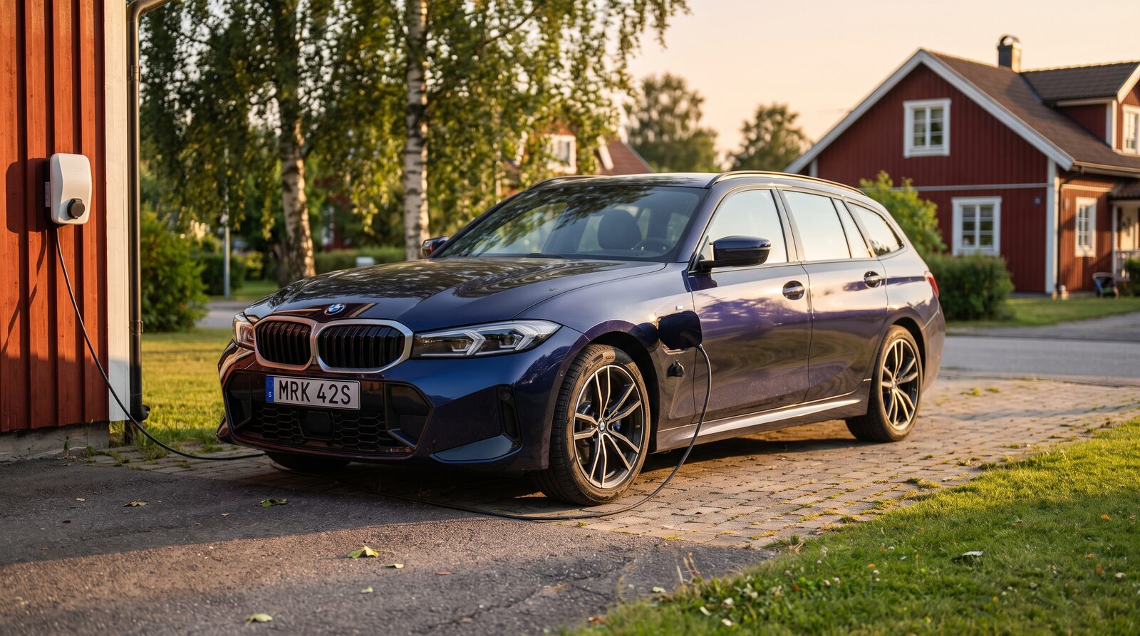 BMW 330e Touring laddar vid en laddstolpe i svensk villaträdgård