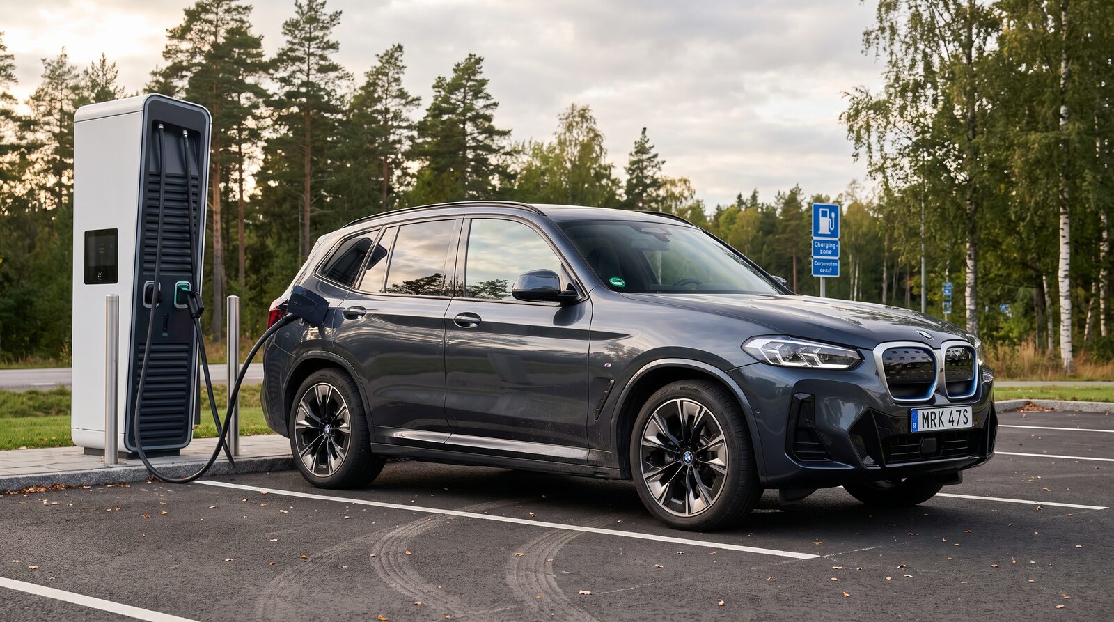 En BMW iX3 laddar vid en svensk snabbladdare i sommarljus