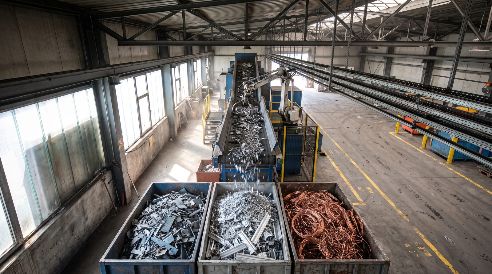 Sorterat metallskrot i containrar på en återvinningsanläggning — stål, aluminium och koppar