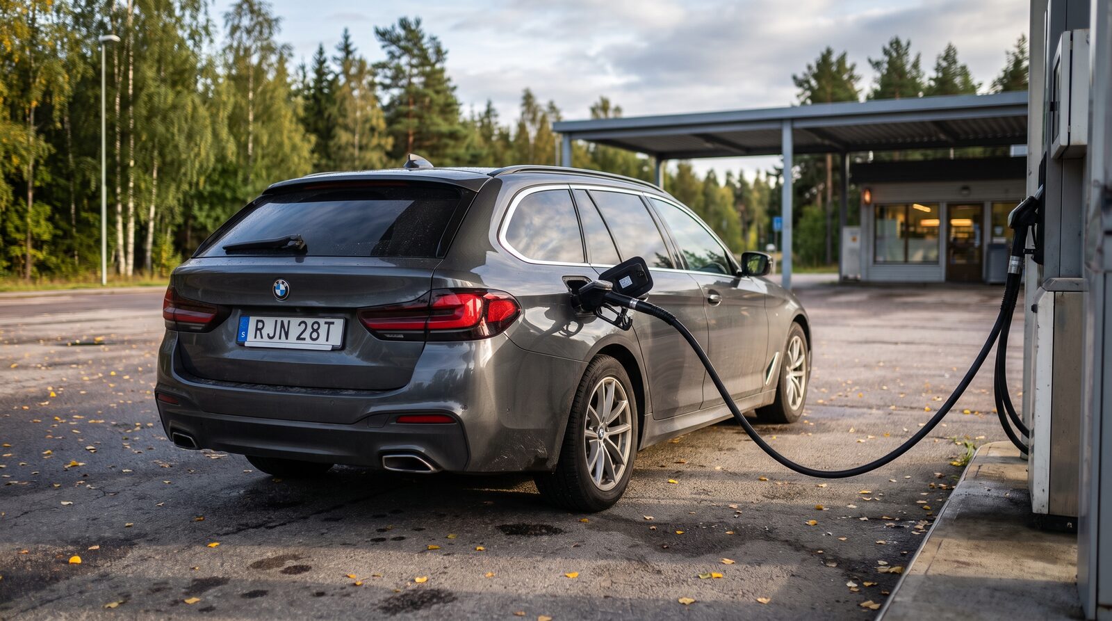 BMW 5-serie Touring som tankar vid en svensk bensinstation en septemberdag
